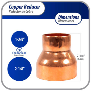 Appli Parts AP-R218138 Reductor de Cobre de 2-1/8x1-3/8 pulg Conexiones CxC soldadas para aplicaciones de refrigeracion, aire acondicionado y plomeria Tuberia de cobre ACR y Tipo L