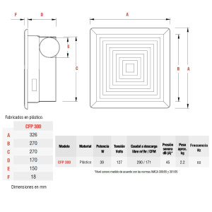 Fan Extract CFP 300 127v Soler and Palau 127 V, 60 Hz, 39 W, 970 rpm, 290 m3/h, 45 dB(A)