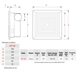 Fan Extract CFP 100  Soler and Palau 127 V, 60 Hz, 22 W, 1528 rpm, 100 m3/h, 30 dB(A)