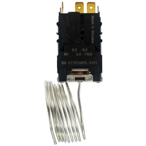 Danfoss 077B7105 Termostato de control Refrigerador 1 puerta 077B1047L Cut-in Frio -9.5C Cut-out Frio -18.0C Cut-in Caliente +8.5C Cut-Out Caliente +3.0C Capilar 1200mm B0