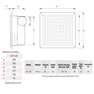 Fan Extract CFP 120 Soler and Palau 127 V, 60 Hz, 20 W, 1197 rpm, 124 m3/h, 39 dB(A)