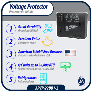 Appli Parts APVP-22BB1-2 220 V Voltage Surge Protector with Adjustable Range and Reconnecting Time, 50-60Hz 1Ph 30A works with all electric appliances and units with rated electrical consumption
