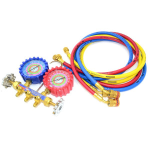 Uniweld QS8N5SMEZ Brass Body Manifold with 3-1/8 in NPF Gauges, 5 ft EZ-Turn Anti-Blowback Hose Set, with R-410A,R-22,R-404A,R-134a, F and PSI Scales 48672