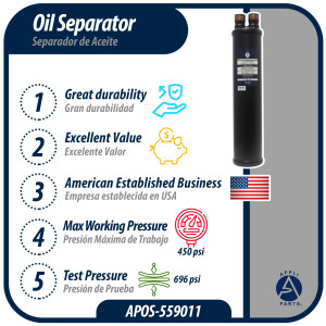 Appli Parts APOS-559011 1-3/8 in ODF Oil Separator, compatible with CFC,HCFC,HFC,R22,R407C,R502,R134a,R404A,R507, Working temperature 14 F to 266 F