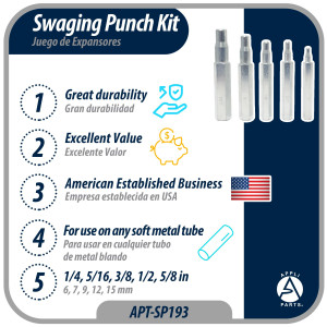 Appli Parts APT-SP193 Swaging Punch Kit for 1/4, 5/16, 3/8, 1/2, 5/8 in Diameter Copper Tube and other soft metals Expanding Tool Appli Parts APT-SP193 Swaging Punch Kit for 1/4, 5/16, 3/8, 1/2, 5/8 in Diameter Copper Tube and other soft metals Expanding Tool